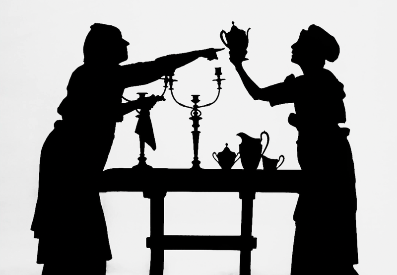 Black silhouetted domestic servants polishing the silver.